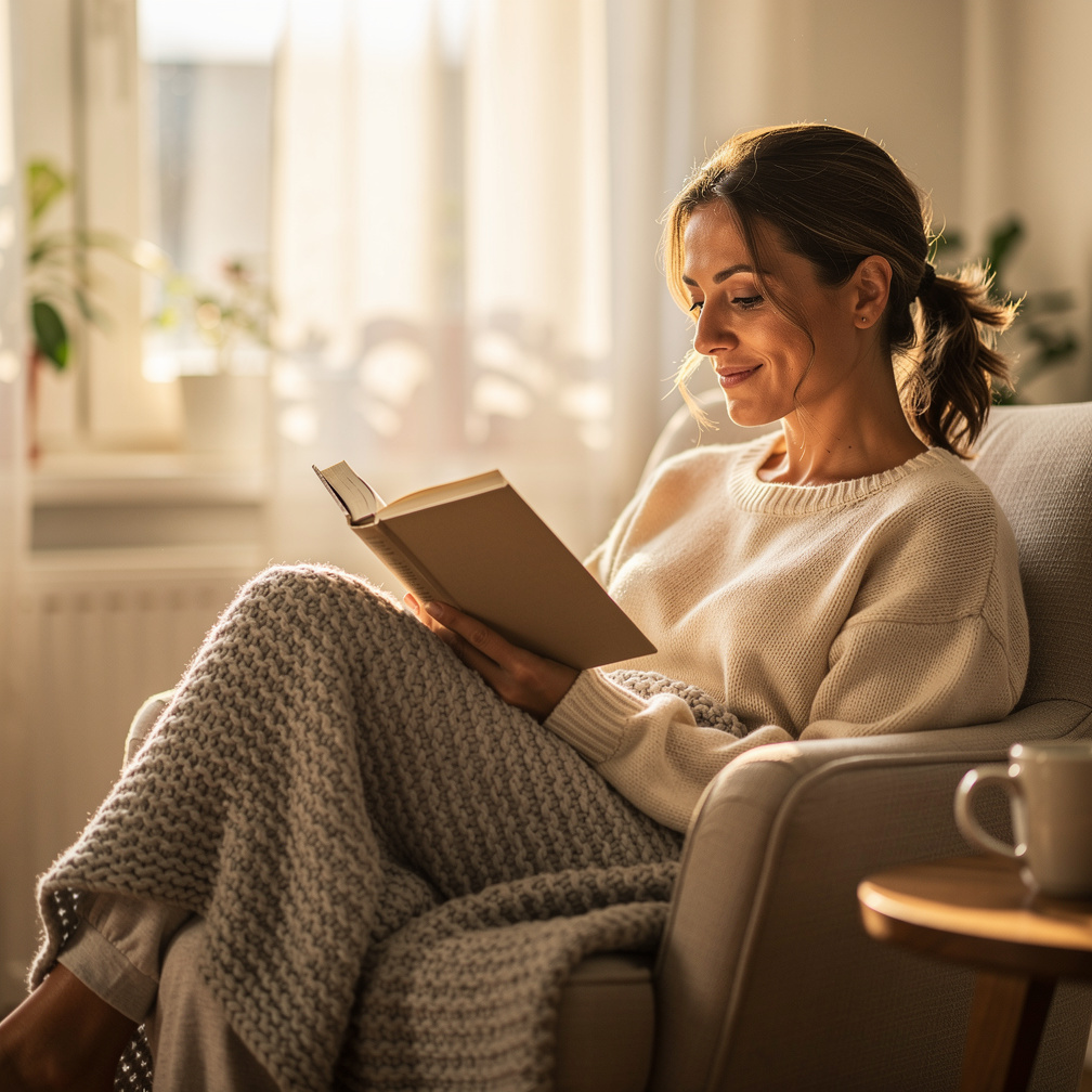 Woman reading a mystery novel in a cozy armchair