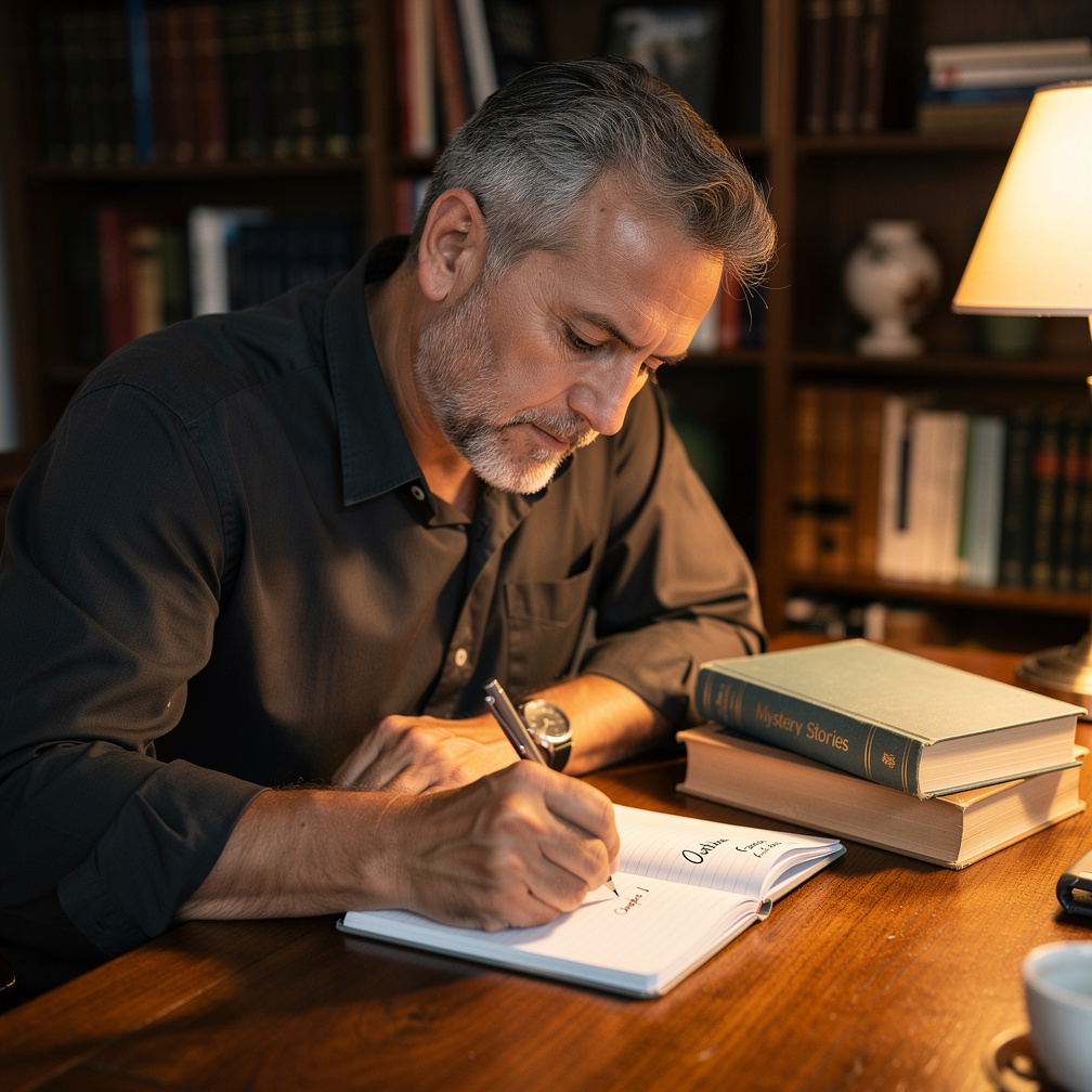 Croatian mystery writer sitting at his desk writing by hand