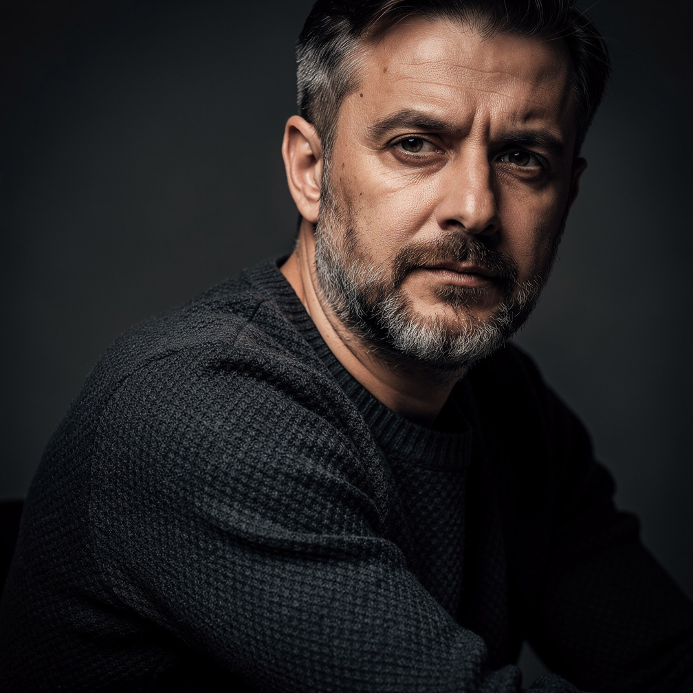 Portrait of a Croatian male mystery writer in his 40s with a thoughtful expression