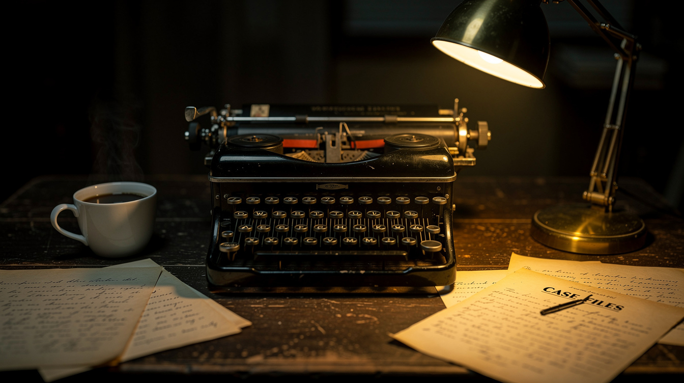 Vintage typewriter with manuscript pages on a wooden desk